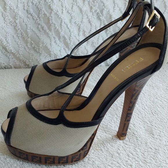 FENDI Shoes - FENDI FF Logo Platform Stiletto Strappy Heels Zucca Pattern